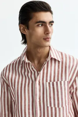 Chemise Relaxed Fit en lin mélangé - Rouge rouille/rayé — photo 1