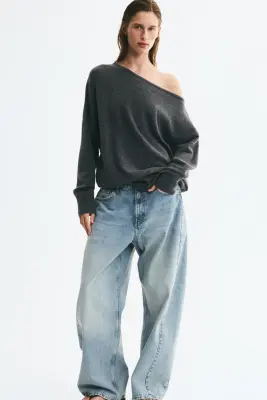 Pull asymétrique en maille fine - Gris foncé chiné — photo 1