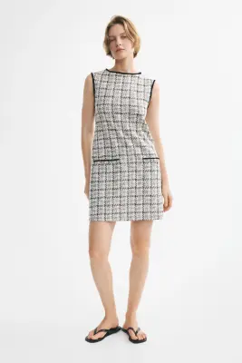 Robe frangée en maille bouclette - Crème/carreaux noirs — photo 2