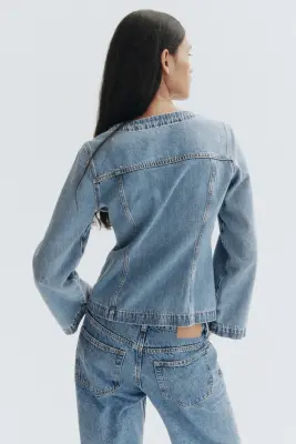 Veste à encolure en V en denim - Bleu denim clair — photo 3