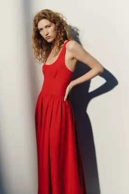 Robe ruchée en lin mélangé - Rouge — photo 4