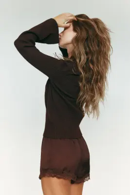 Pull en maille côtelée avec col cheminée - Marron foncé — photo 3