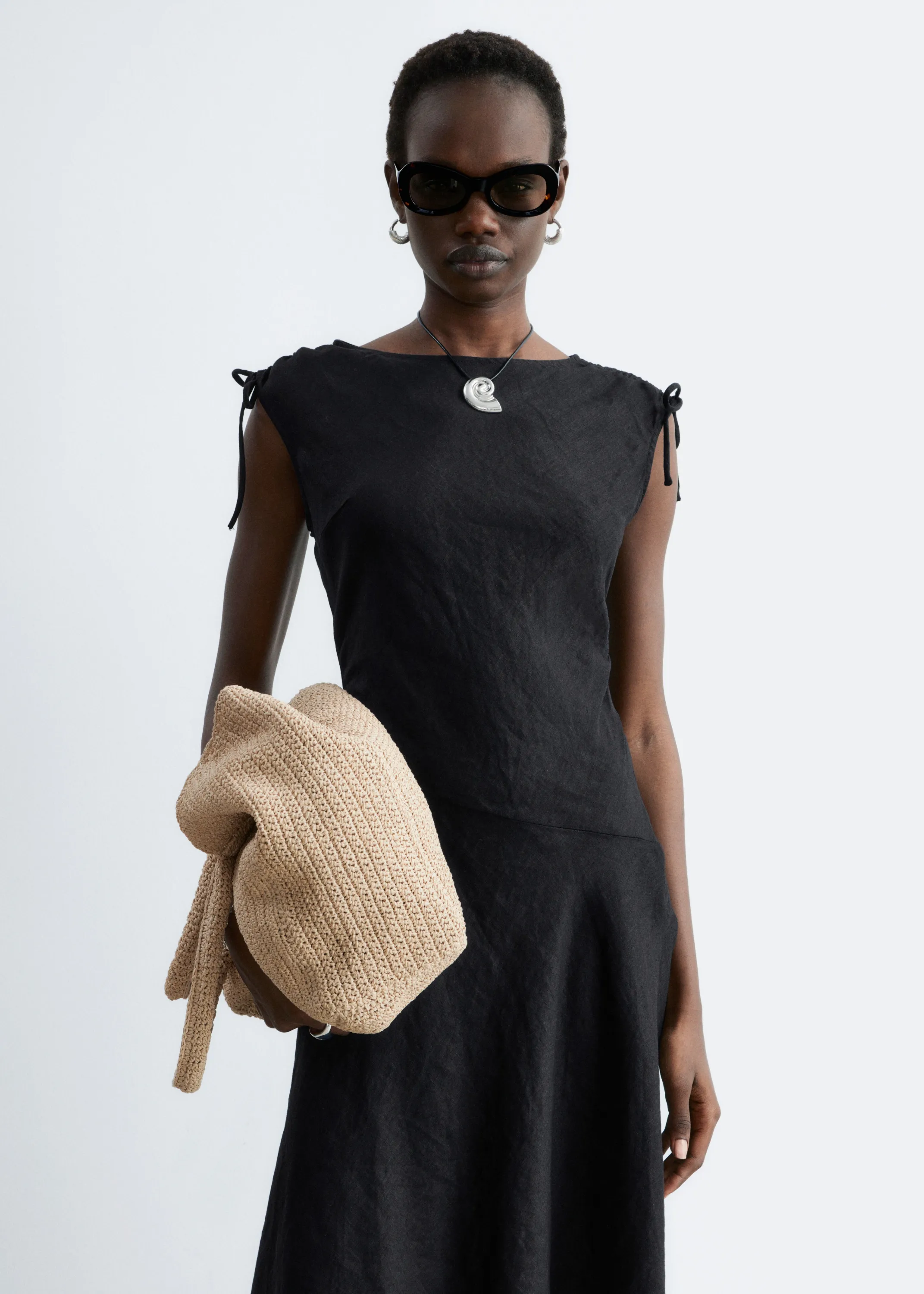 Robe midi évasée en lin - Noir