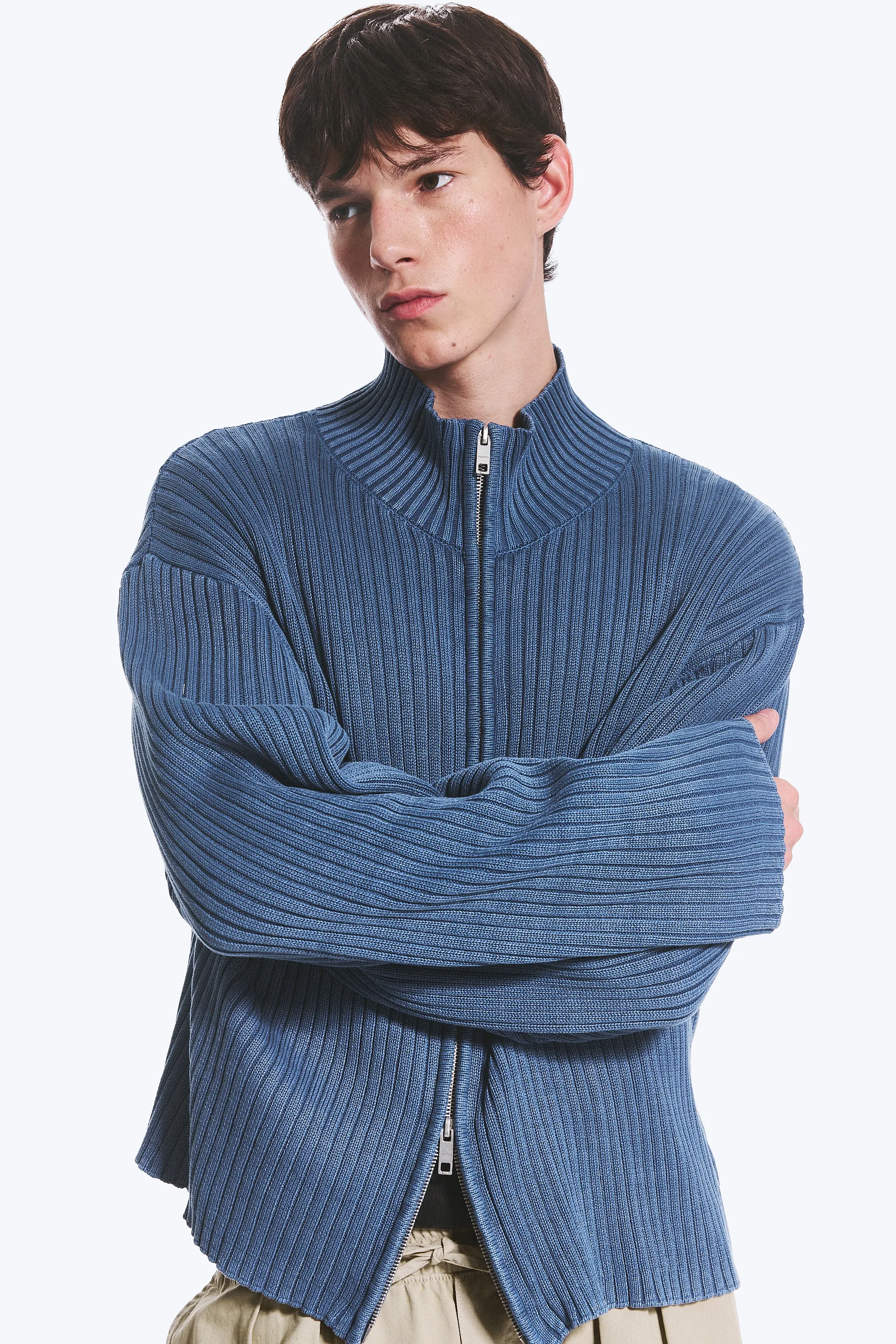 Cardigan maille zippé décontracté - Bleu délavé
