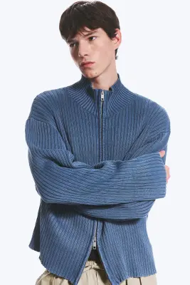 Cardigan maille zippé décontracté - Bleu délavé — photo 1