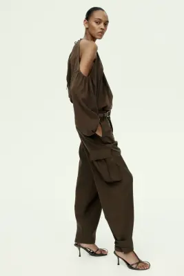 Blouse épaules dénudées - Vert kaki foncé — photo 2