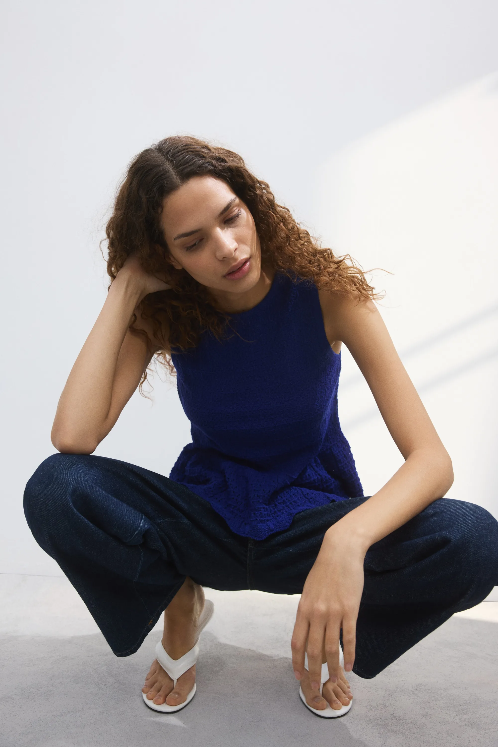 Top péplum en maille pointelle - Bleu vif