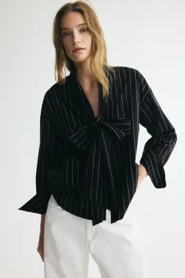 Blouse en coton avec col cravate - Noir/rayures tennis — photo 1