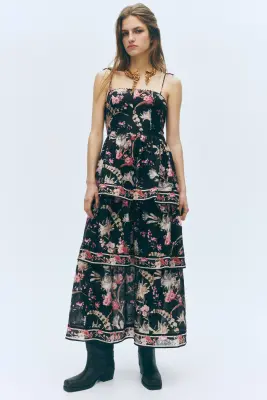 Robe à étages en lin mélangé - Noir/fleuri — photo 2
