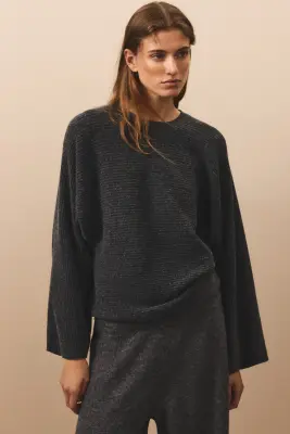Pull à manches chauve-souris en maille côtelée - Gris foncé — photo 1