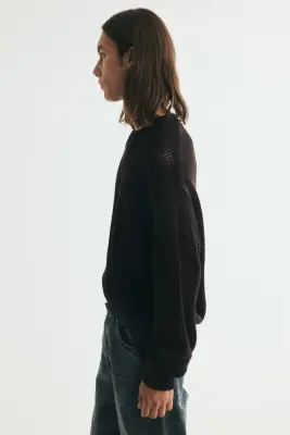 Pull Loose Fit en maille de coton ajourée - Noir — photo 4