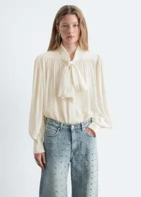 Blouse froncée à nouer à l’encolure - Écru — photo 3