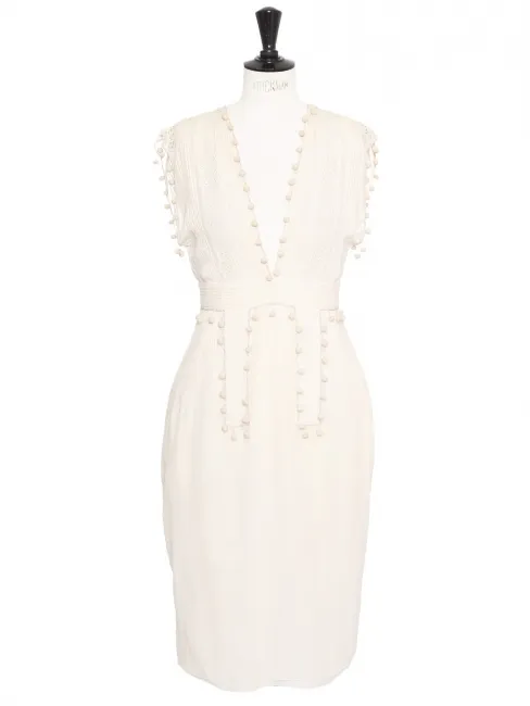 Iconique robe en coton blanc à pompon Printemps été 2003 par Phoebe Philo Taille 36
