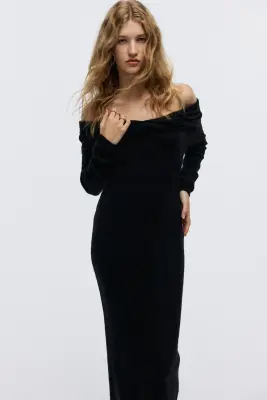 Robe épaules nues en maille fine - Noir — photo 1