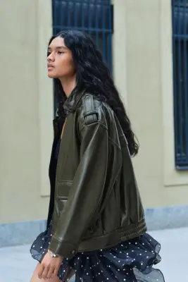 Veste de style motard en tissu enduit - Vert kaki foncé — photo 3