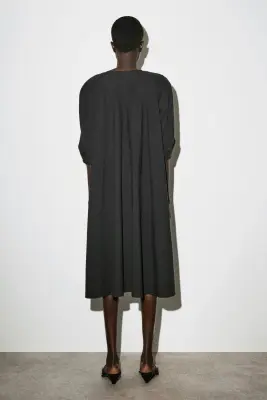 ROBE MIDI COL EN V SILHOUETTE ARRONDIE EN COTON - NOIR — photo 3