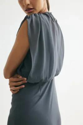 Robe bi-matière à effet drapé - Gris foncé — photo 3