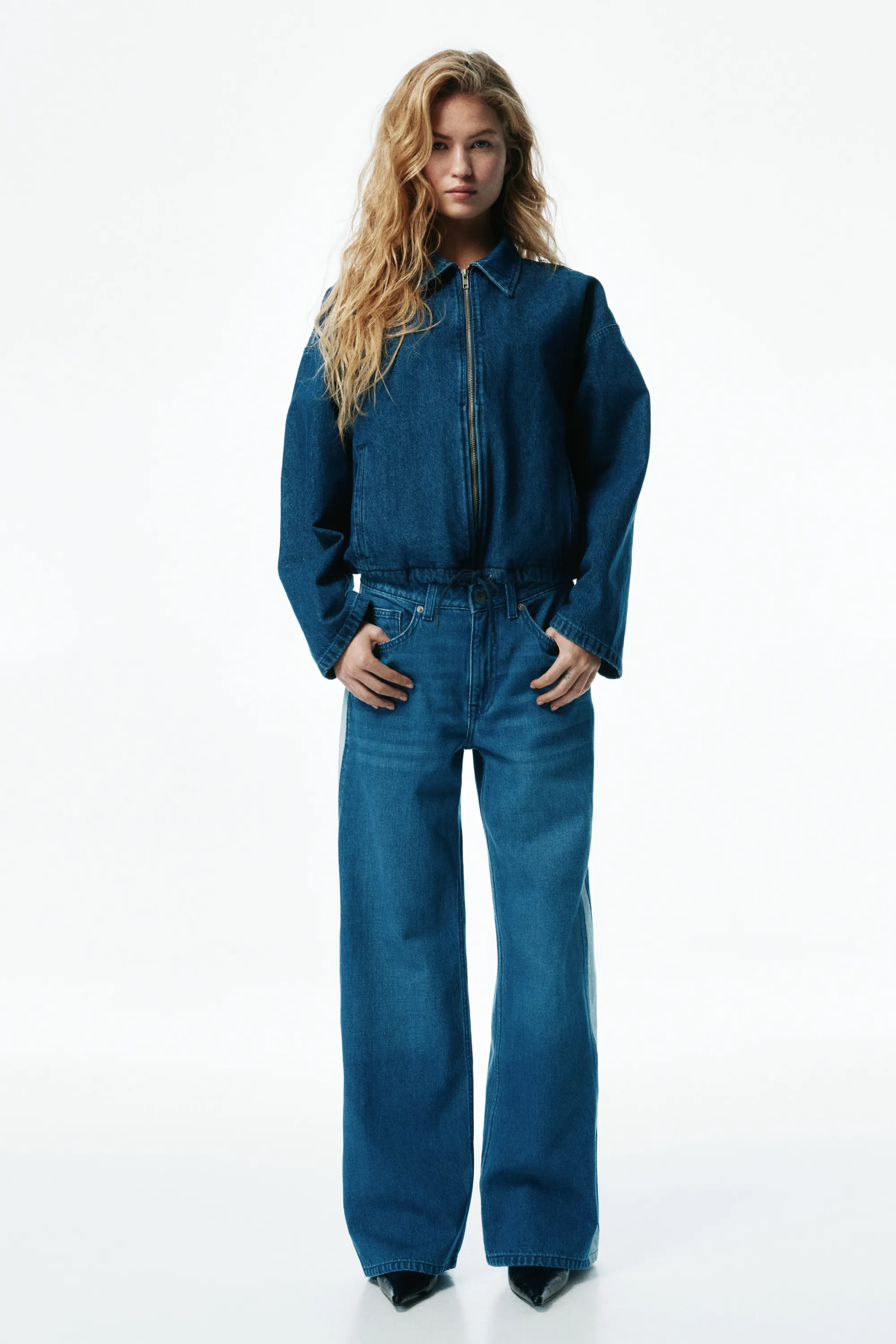 Jean Wide Regular avec bandes latérales - Bleu denim/blanc