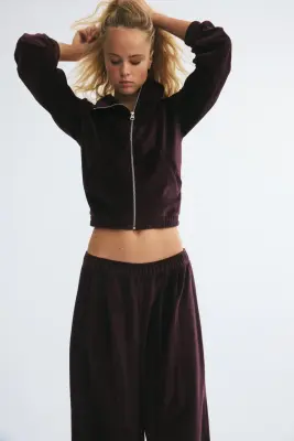 Sweat zippé en velours maille - Violet foncé — photo 2