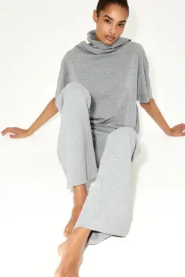 Pantalon en coton avec ceinture repliée - Gris chiné — photo 2