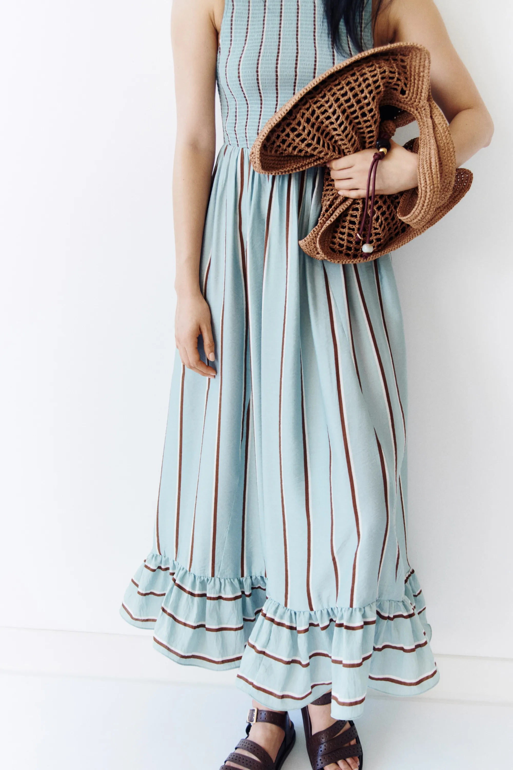 Robe avec corsage smocké - Turquoise ancien clair/rayé