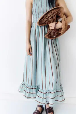 Robe avec corsage smocké - Turquoise ancien clair/rayé — photo 1