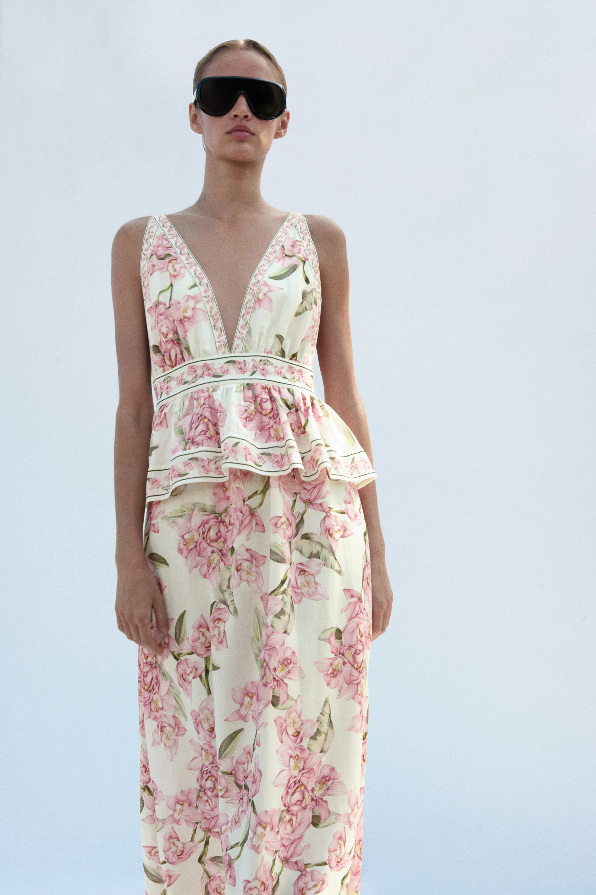 Robe péplum en lin mélangé - Crème/fleuri