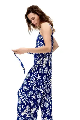 Combi-pantalon avec ceinture à nouer - Bleu vif/blanc — photo 3