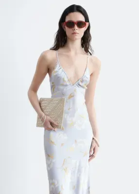 Robe combinaison midi en satin - Bleu clair / Motif fleuri — photo 3