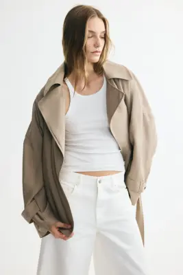 Trench-coat court en lyocell mélangé - Beige — photo 1