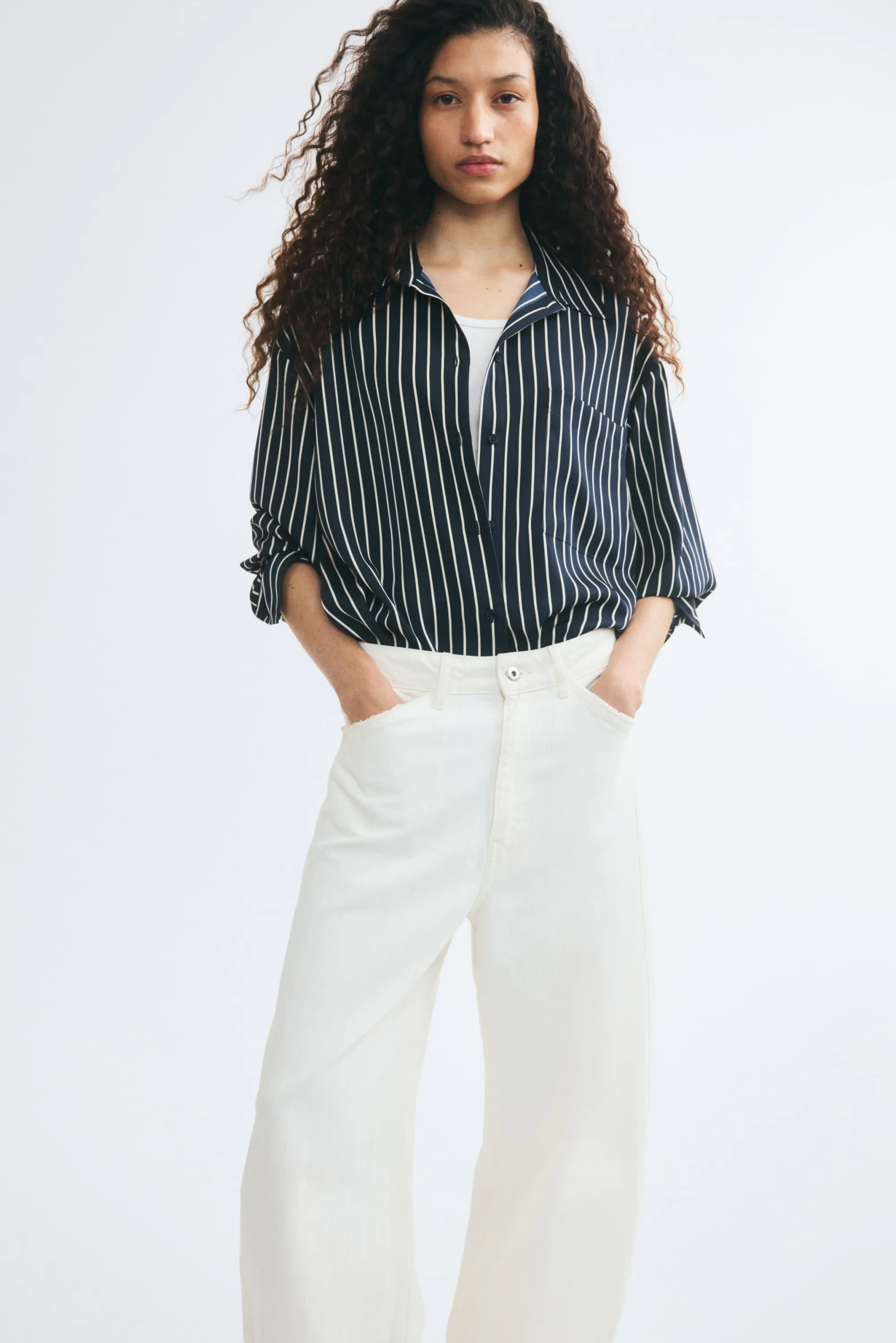 Chemise loose en twill - Bleu marine/rayé