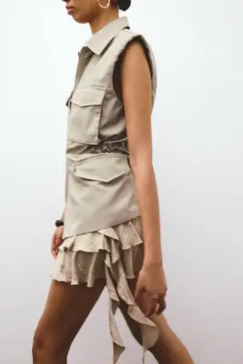 Jupe à étages avec panneau drapé - Beige — photo 4