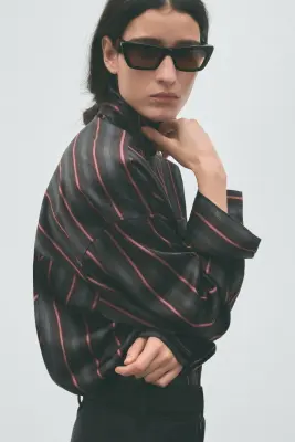 Chemise en satin à effet superposé - Gris foncé/rayé — photo 3