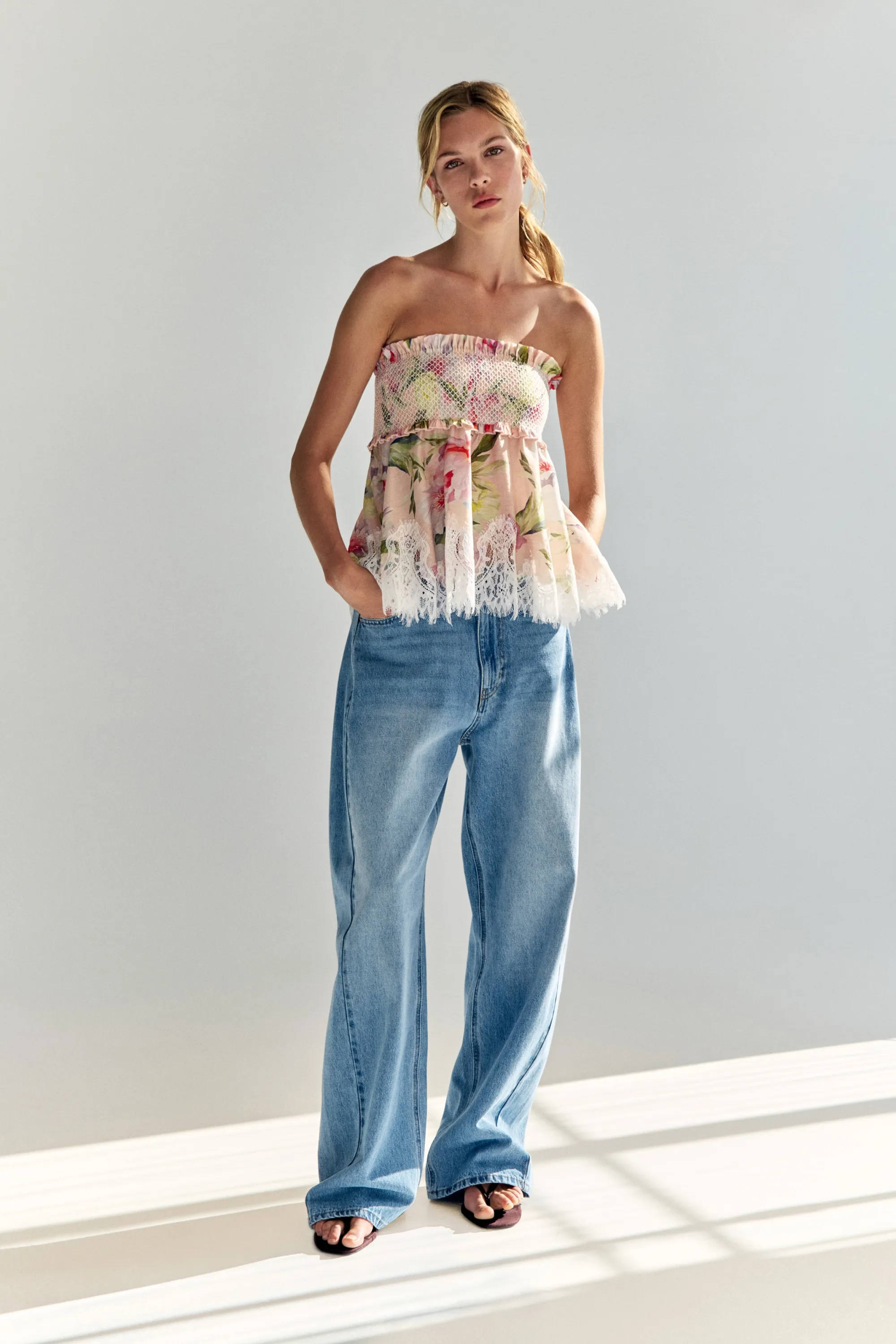 Top bandeau en lin mélangé - Rose clair/fleuri