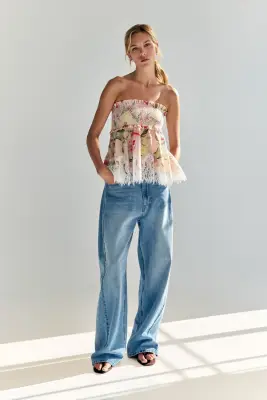 Top bandeau en lin mélangé - Rose clair/fleuri — photo 1