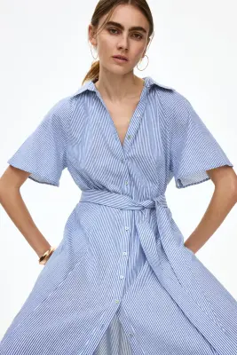 Robe chemise avec ceinture à nouer - Bleu/rayé — photo 1