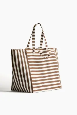 Sac de plage en toile de coton - Marron/rayures blanches — photo 1