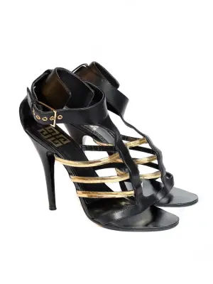 Sandales à talon en cuir noir et bride métallique dorées Px boutique 650€ Taille 37 — photo 4