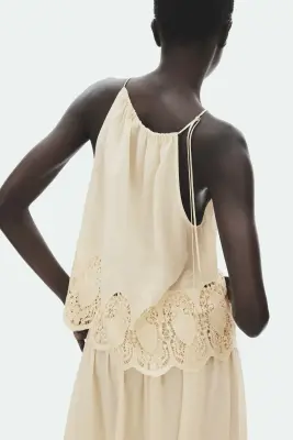 Top en lyocell avec dentelle - Beige clair — photo 3