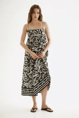 Robe midi avec bretelles à nouer - Noir/beige clair — photo 1
