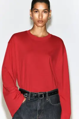 T-SHIRT À MANCHES LONGUES EN COTON BROSSÉ - ROUGE — photo 3