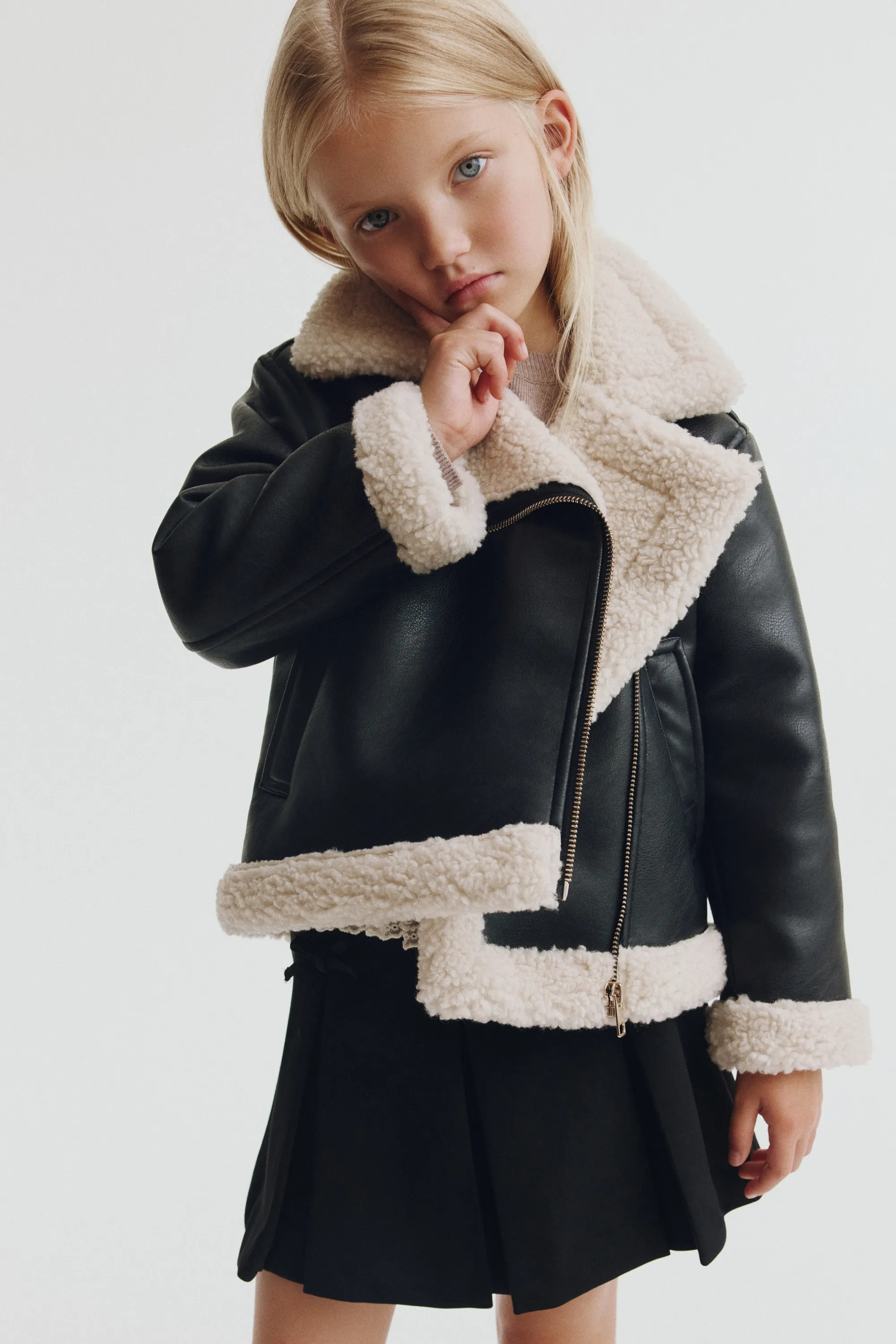 Veste aviateur doublée de tissu Teddy bear - Noir