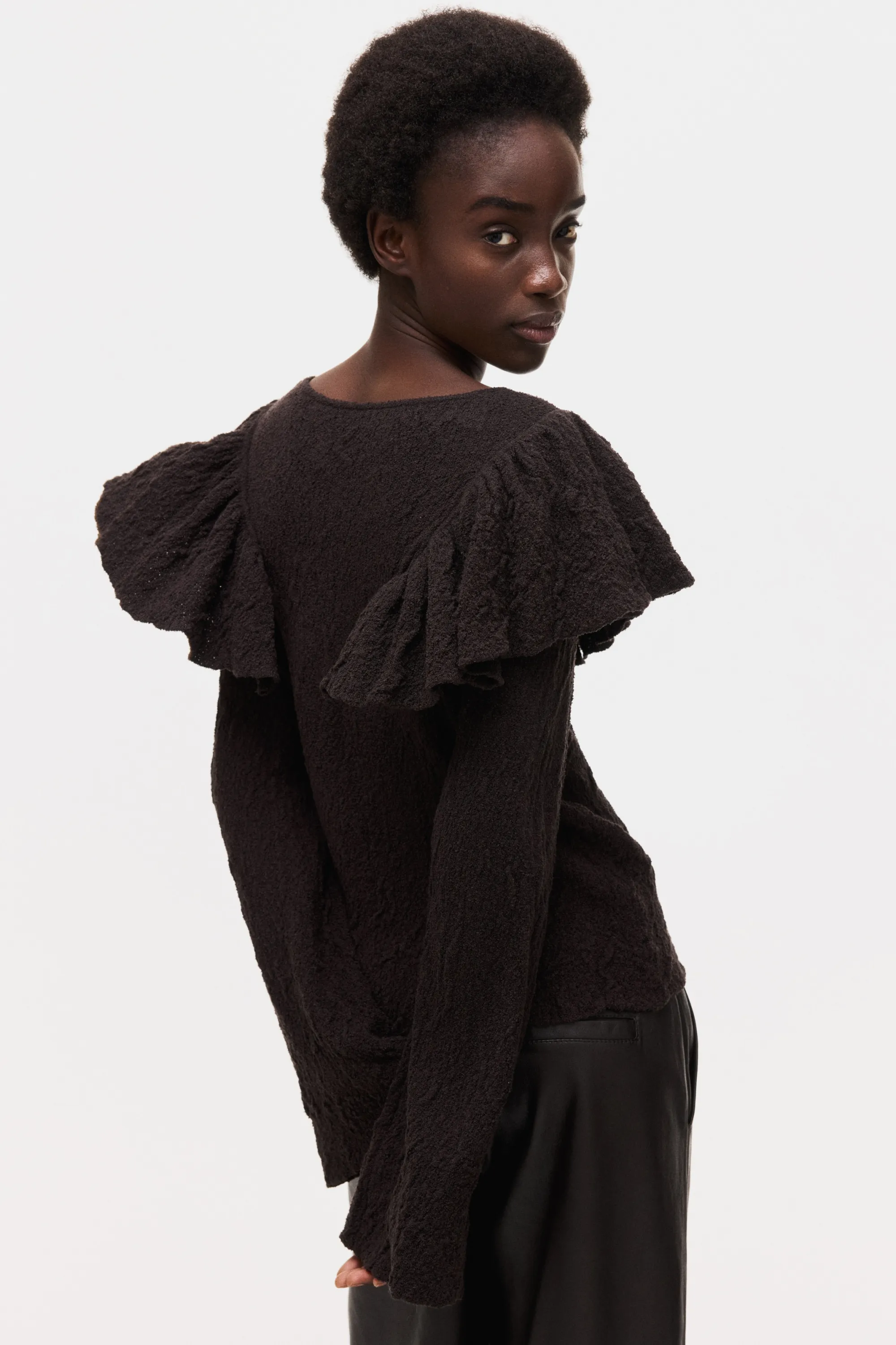 Textured-knit frill-trimmed top - Marron foncé