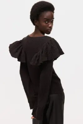 Textured-knit frill-trimmed top - Marron foncé — photo 1