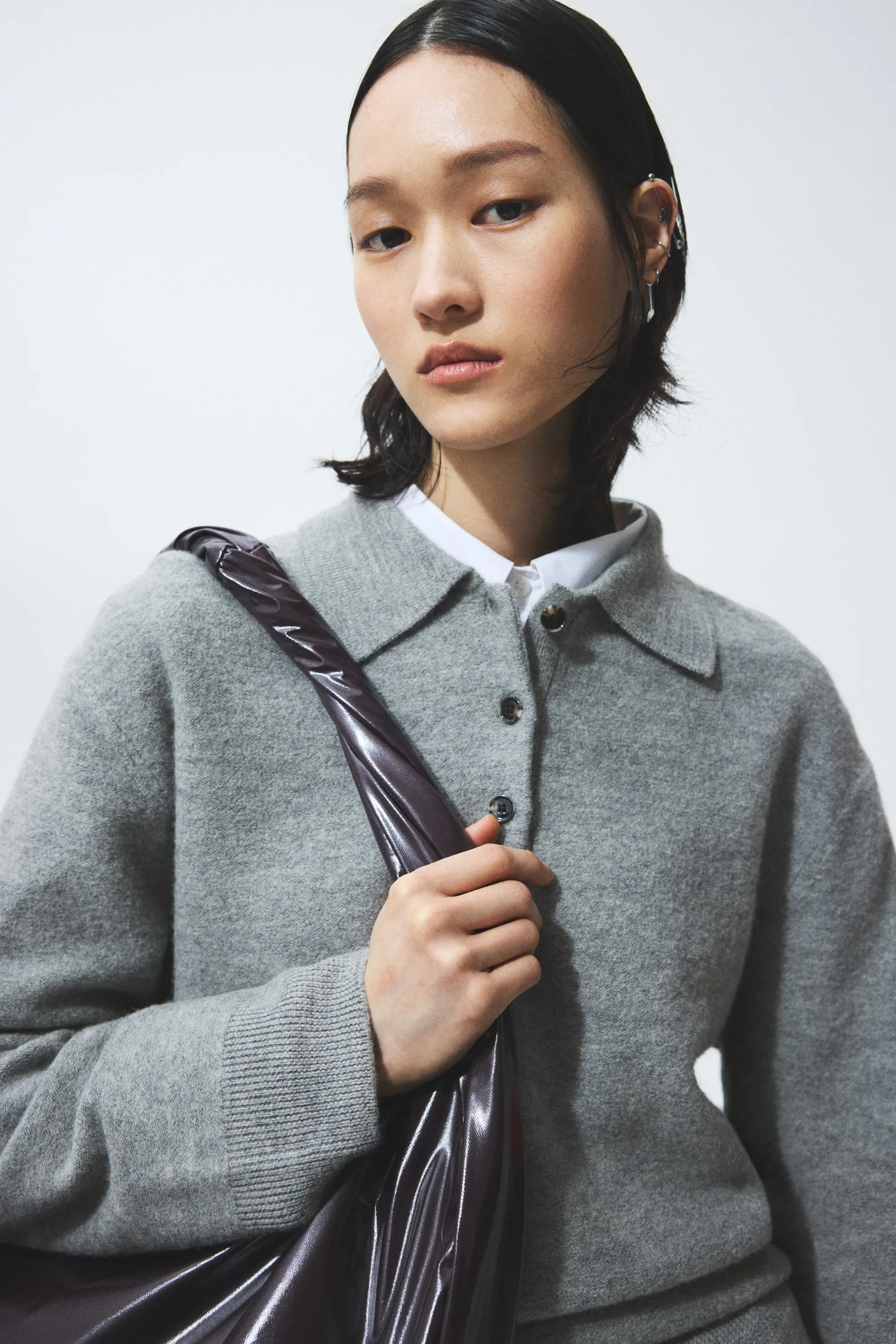 Pull façon polo en laine - Gris chiné