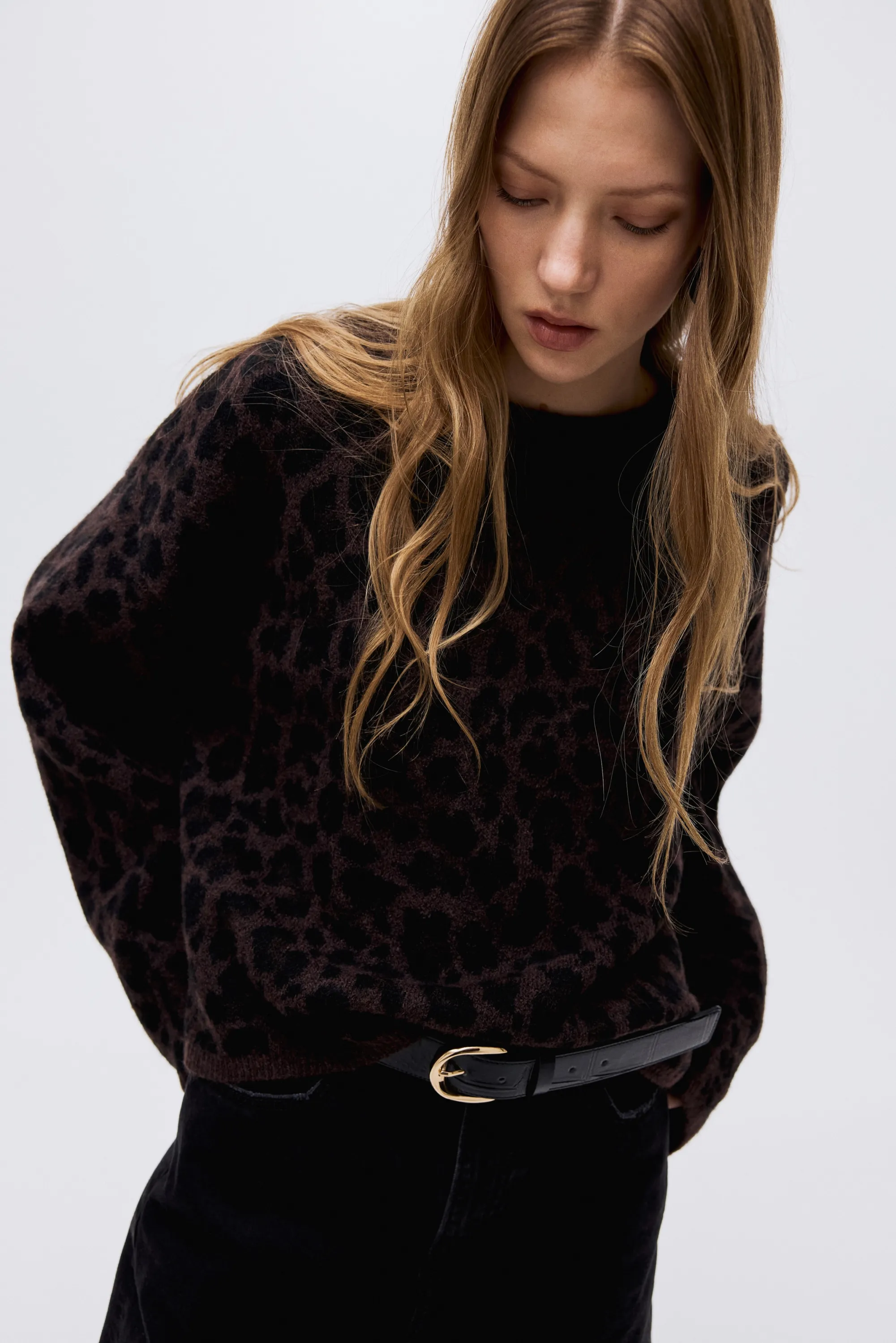 Pull en maille jacquard - Marron foncé/imprimé léopard