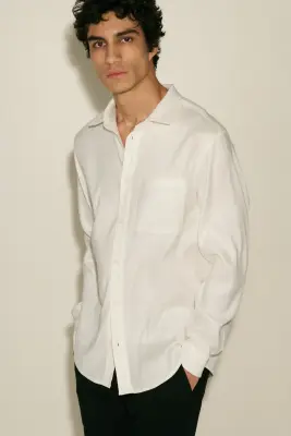 Chemise Easy-care Regular Fit en lin mélangé - Blanc — photo 5