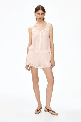 Top brodé en viscose mélangée - Rose clair/color block — photo 1