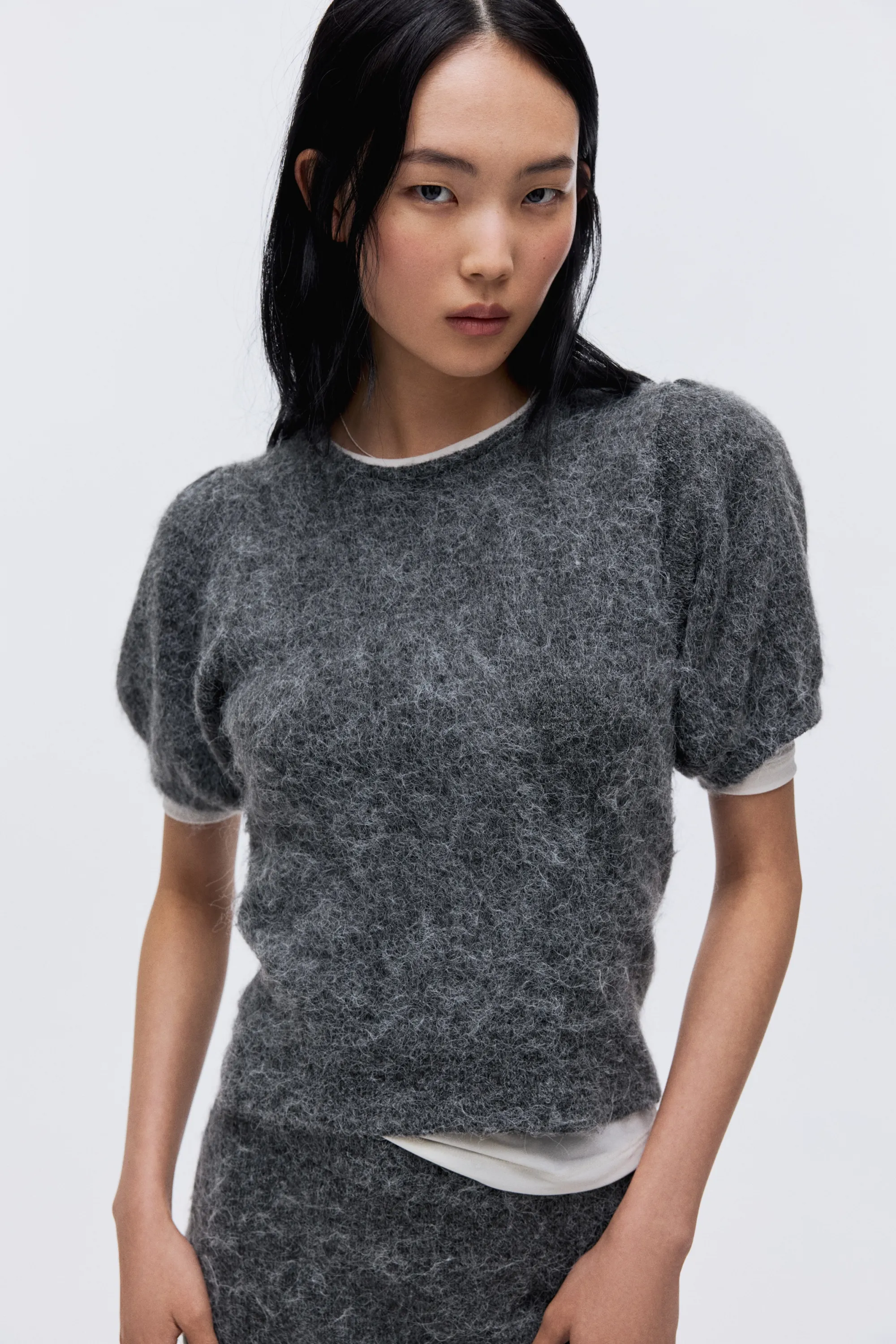 Top à manches bouffantes en maille - Gris chiné