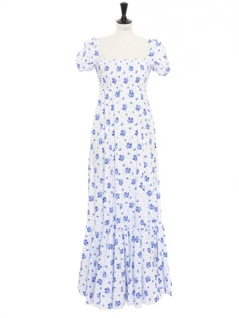 Robe longue en coton blanc fleuri bleu Prix boutique 725€ Taille XS